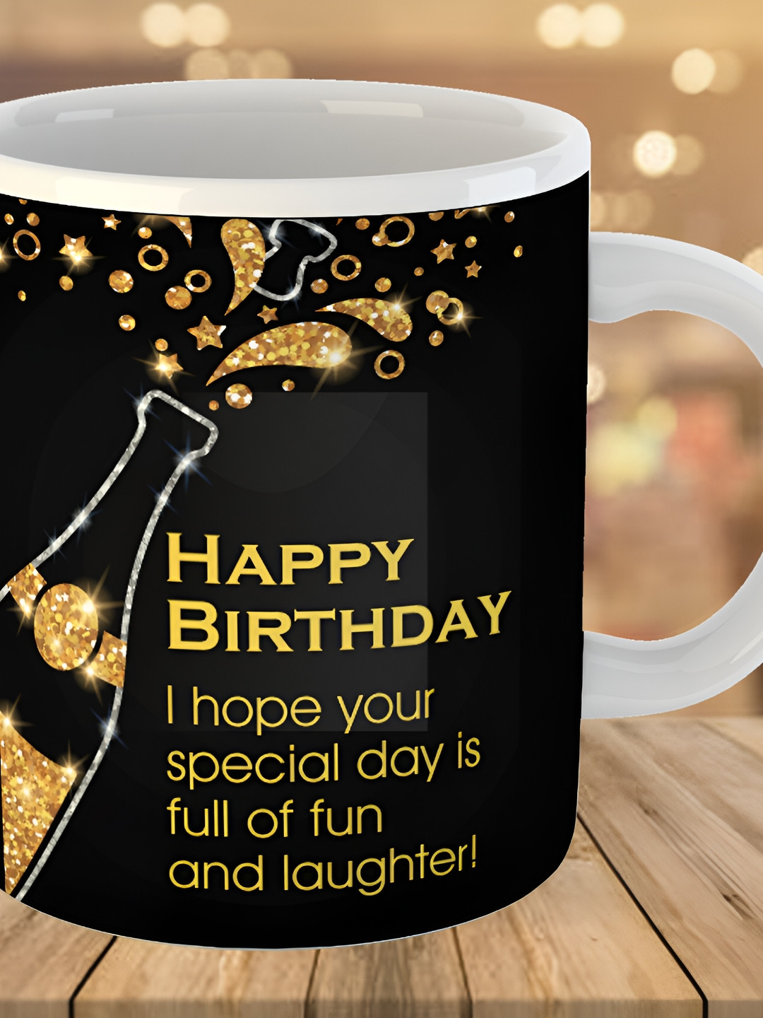 Keviv Black & Yellow Happy birthday Printed Ceramic Glossy Mug 325 ml