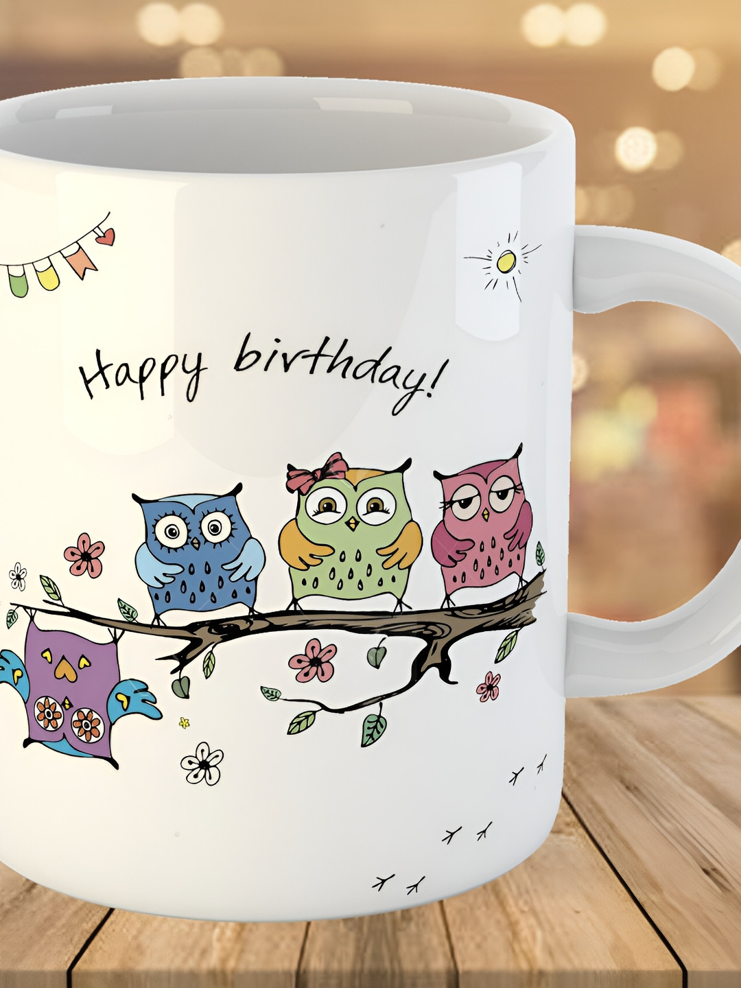 Keviv White & Blue Happy Birthday Printed Ceramic Glossy Coffee Mug 325 ml