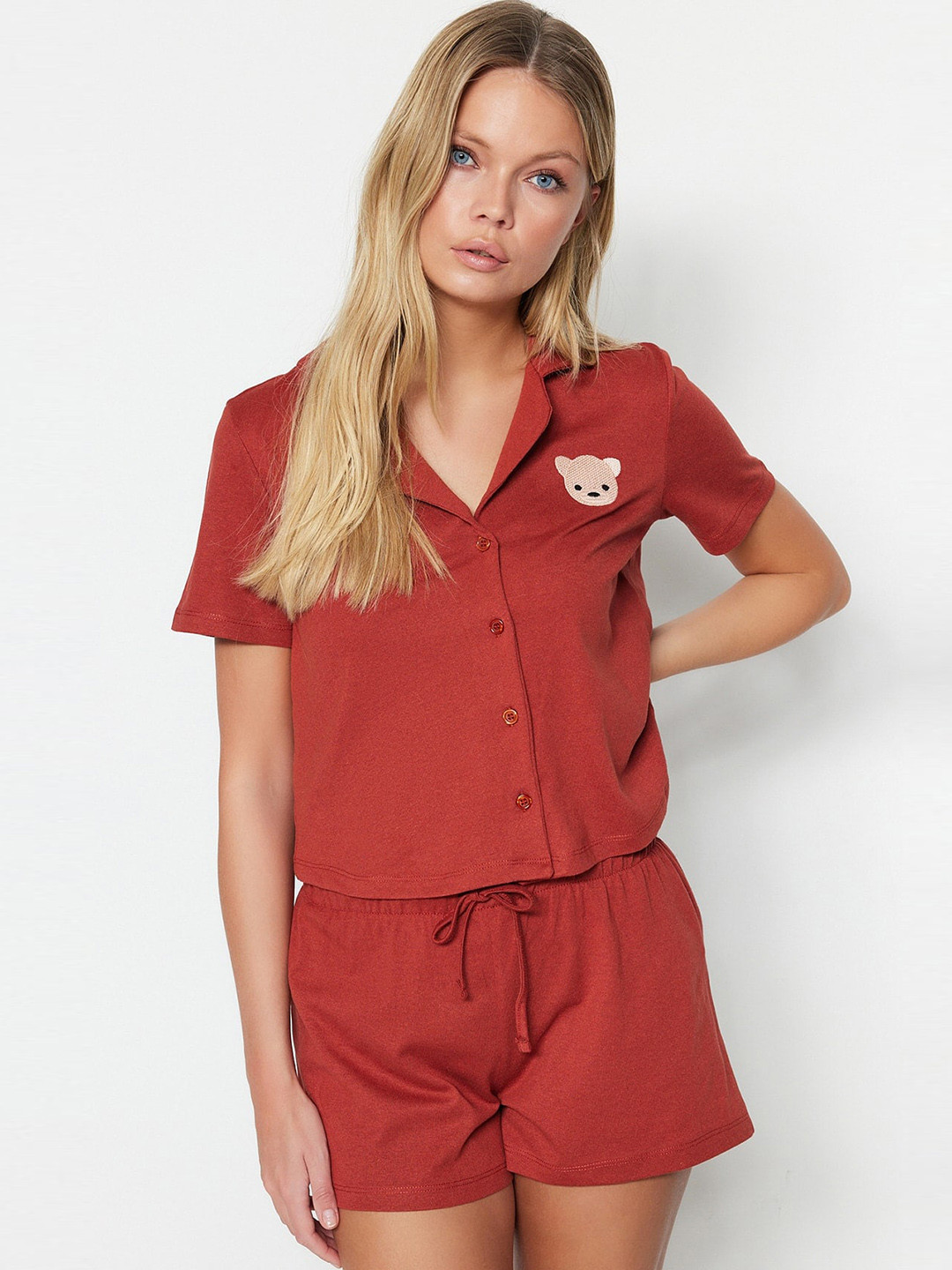 Trendyol Embroidered Lapel Collar Pure Cotton Shirt With Shorts