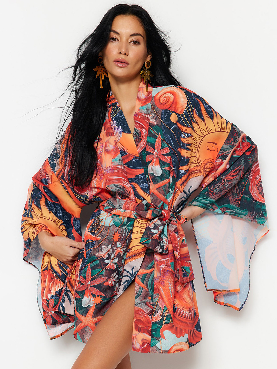 Trendyol Conversational Printed Chiffon Swimwear Cover-Up Top