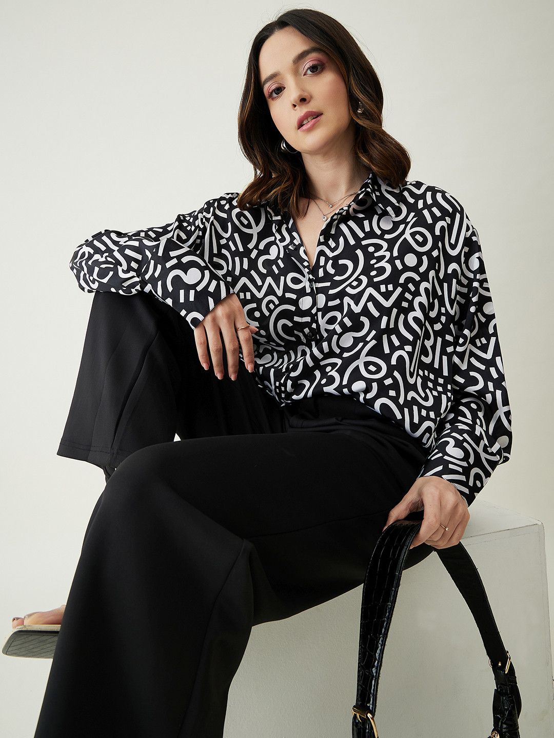 JUNE & HARRY Oversized Satin Abstract Printed Shirt