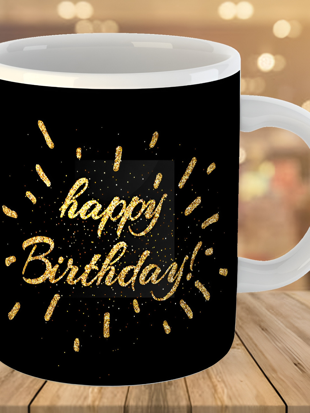Keviv Black & Gold-Toned Happy Birthday Printed Ceramic Glossy Coffee Mug 325 ml