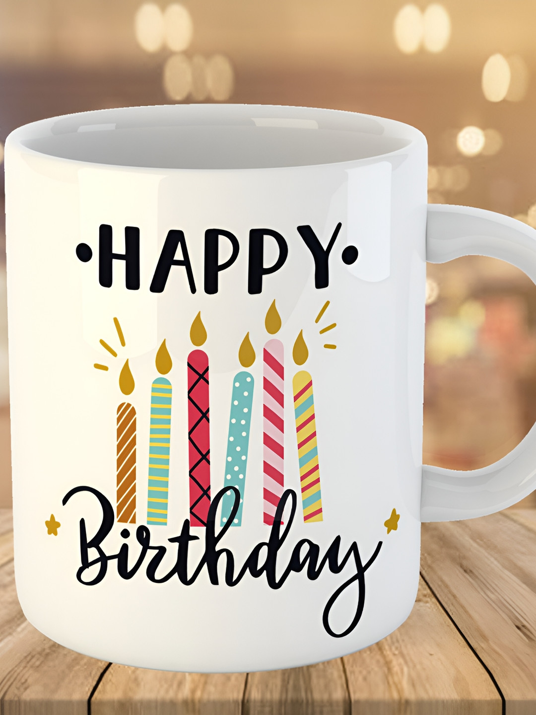 Keviv White & Black Happy Birthday Printed Ceramic Glossy Mug 325 ml