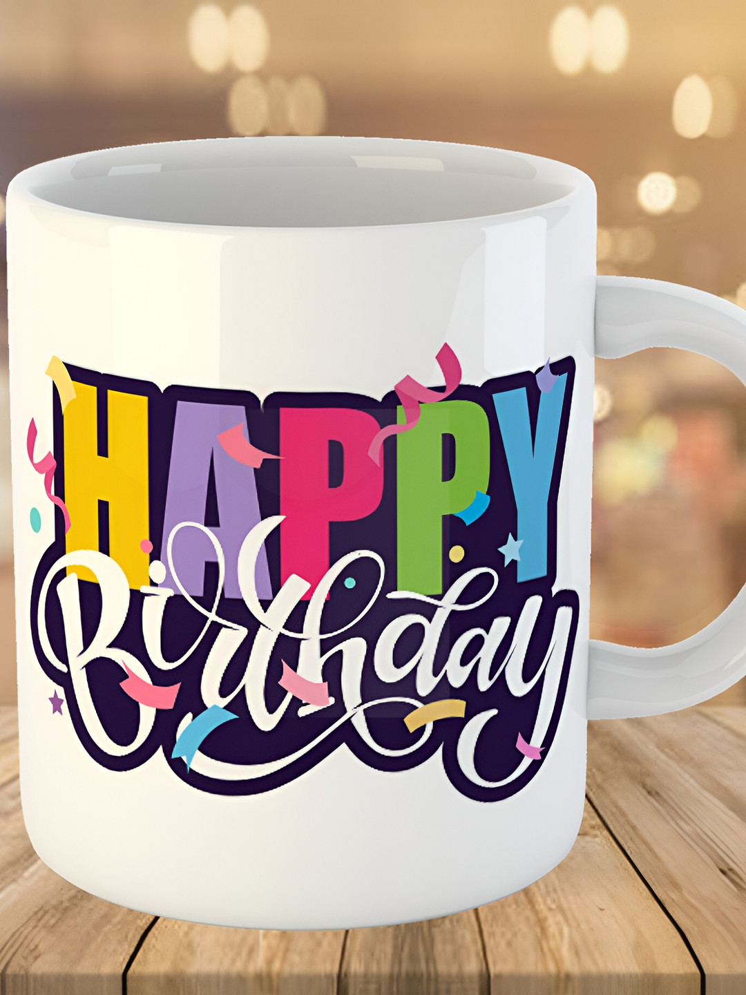 Keviv White & Yellow Happy Birthday Printed Ceramic Glossy Coffee Mug 325 ml