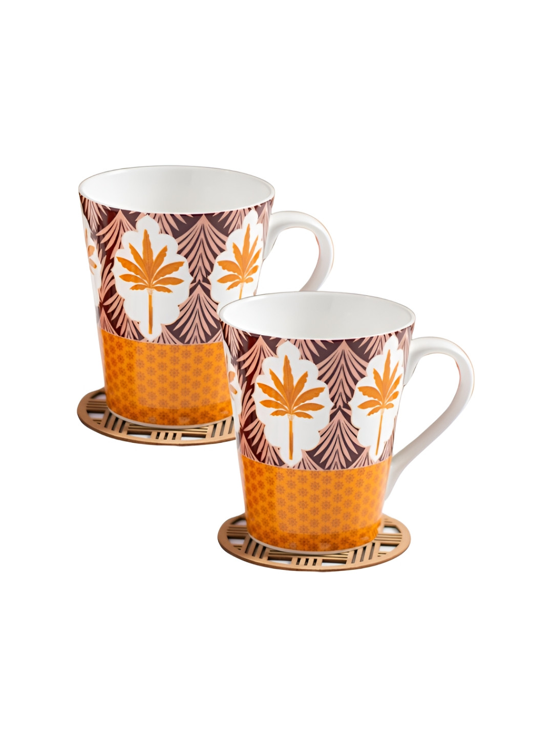 JCPL Juicka Shaped White Leaf Ceramic Handmade 2 Piece Mugs-350ml