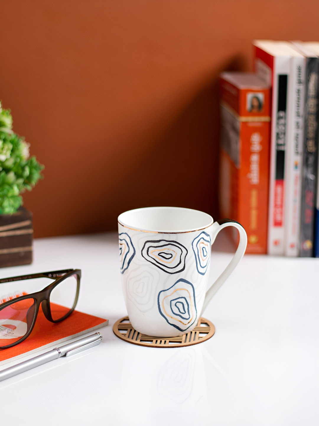 JCPL Opalware Imperial Ricca White Abstract Ceramic Handmade 2 Piece Mugs-350ml