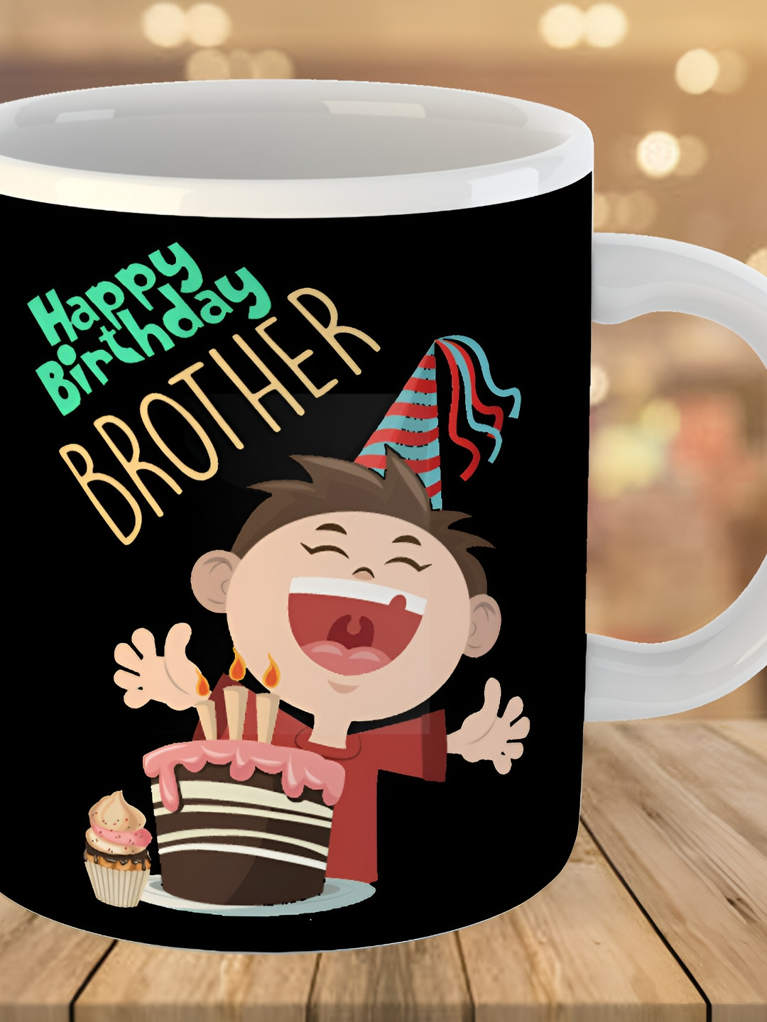 Keviv Black & Green Happy Birthday Brother Printed Ceramic Glossy Mug 325 ml