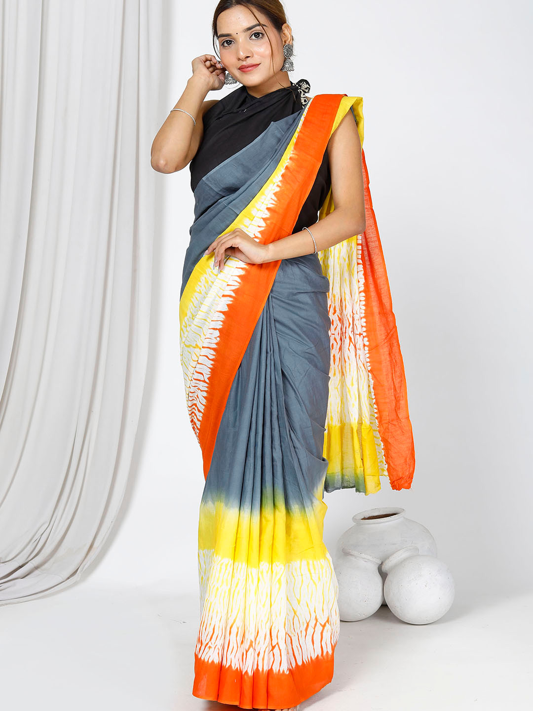 Sanganeri Print Colourblocked Pure Cotton Saree