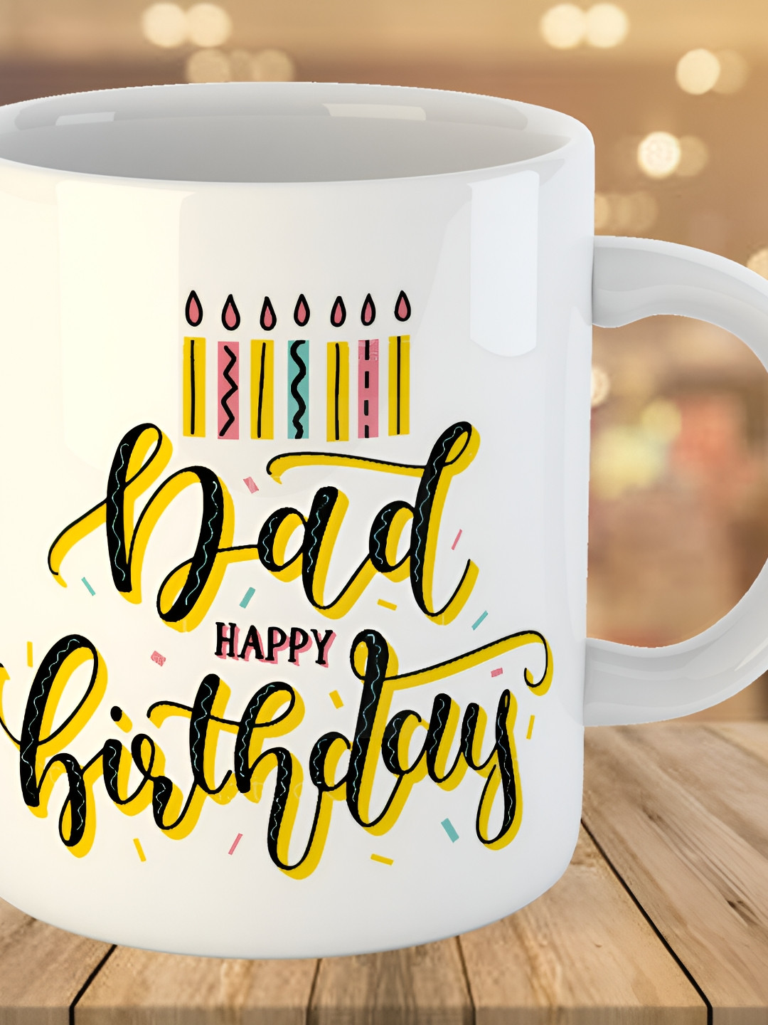 Keviv White & Yellow Happy birthday Dad Printed Ceramic Glossy Mug 325 ml