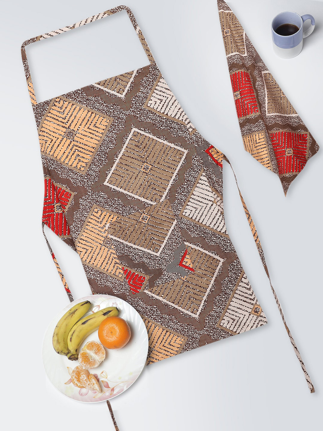 Dhrohar Beige & Maroon 2 Pieces Printed Pure Cotton Apron With Kitchen Towel