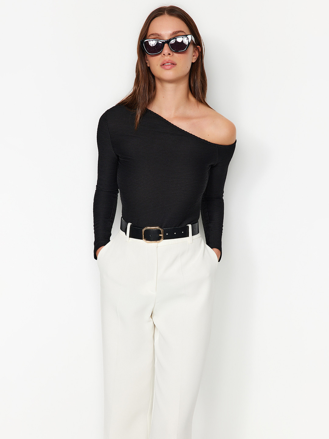 Trendyol One Shoulder Long Sleeves Net Fitted Top