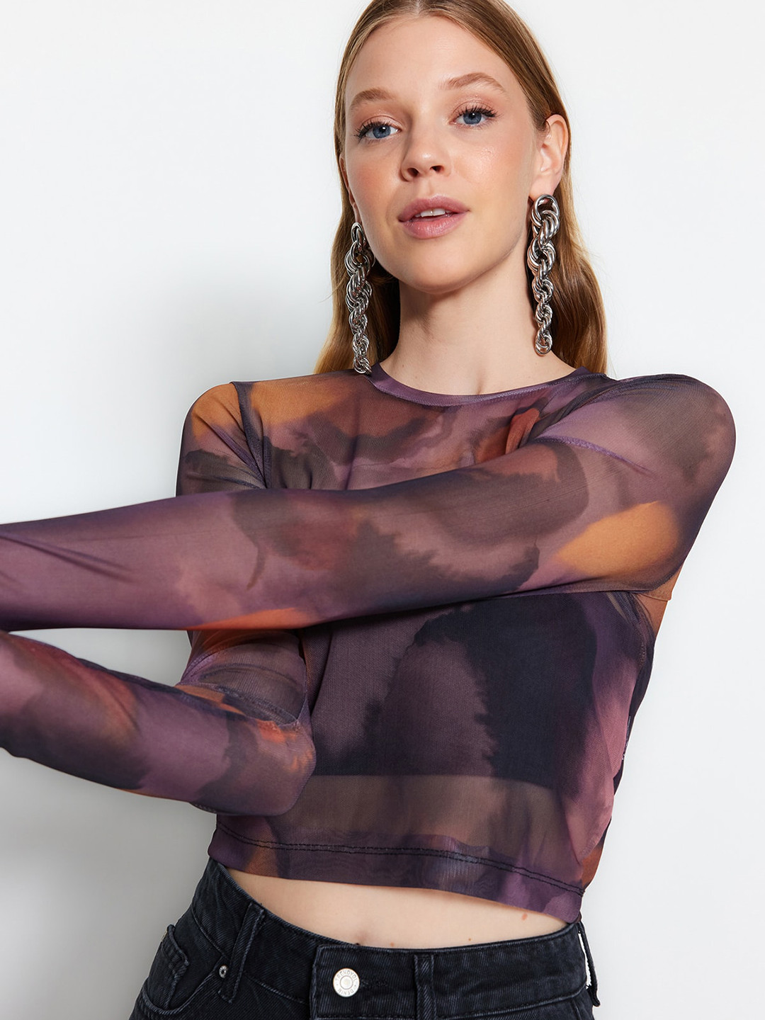 Trendyol Abstract Printed Semi-Sheer Crop Top
