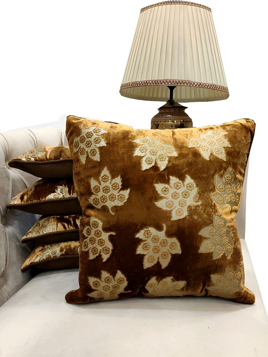 Good Vibes Brown Floral Polyester Silk Washable 5 Pcs Textured Cushion Covers -16x16In
