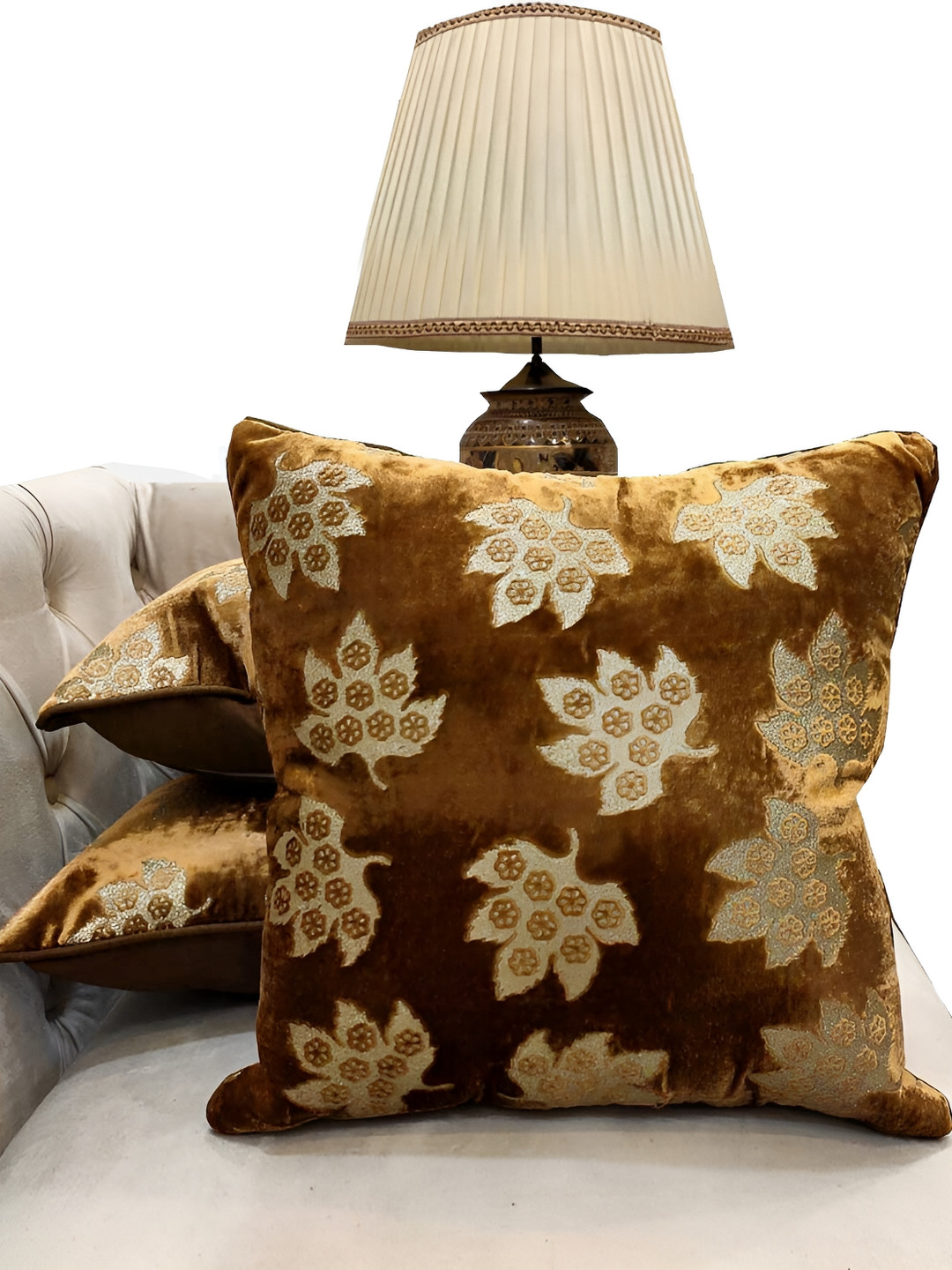 Good Vibes Brown & Beige 3 Pieces Floral Textured Velvet Square Cushion Covers