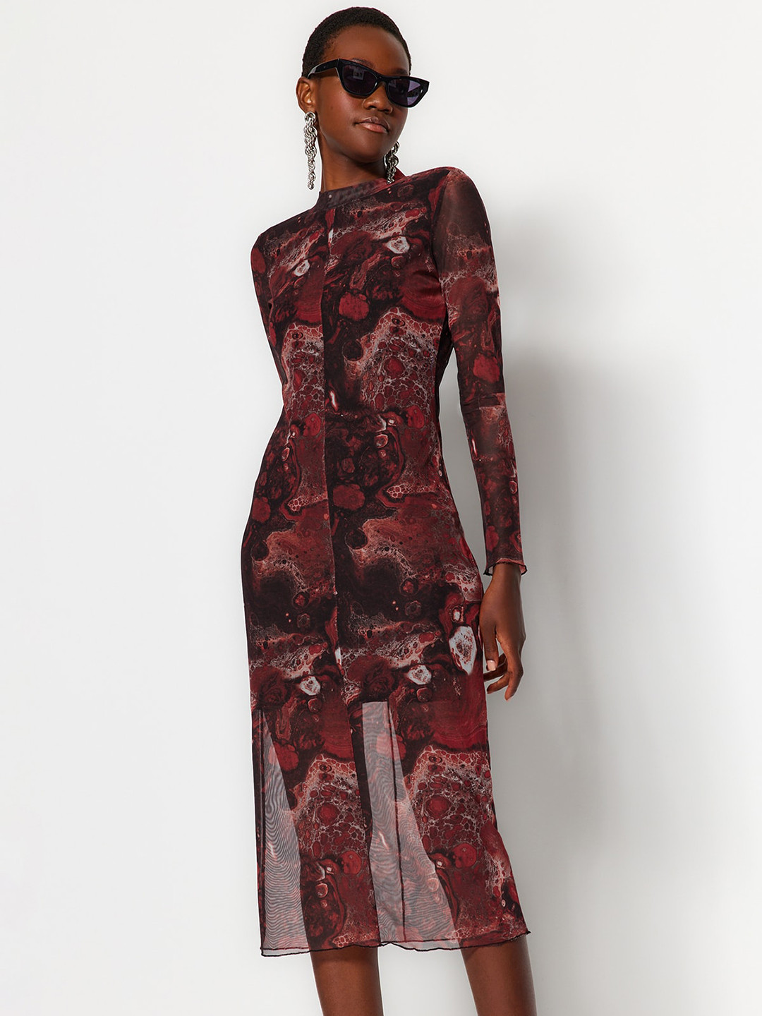 Trendyol Abstract Print High Neck Full Sleeves Semi Sheer Sheath Midi Dress