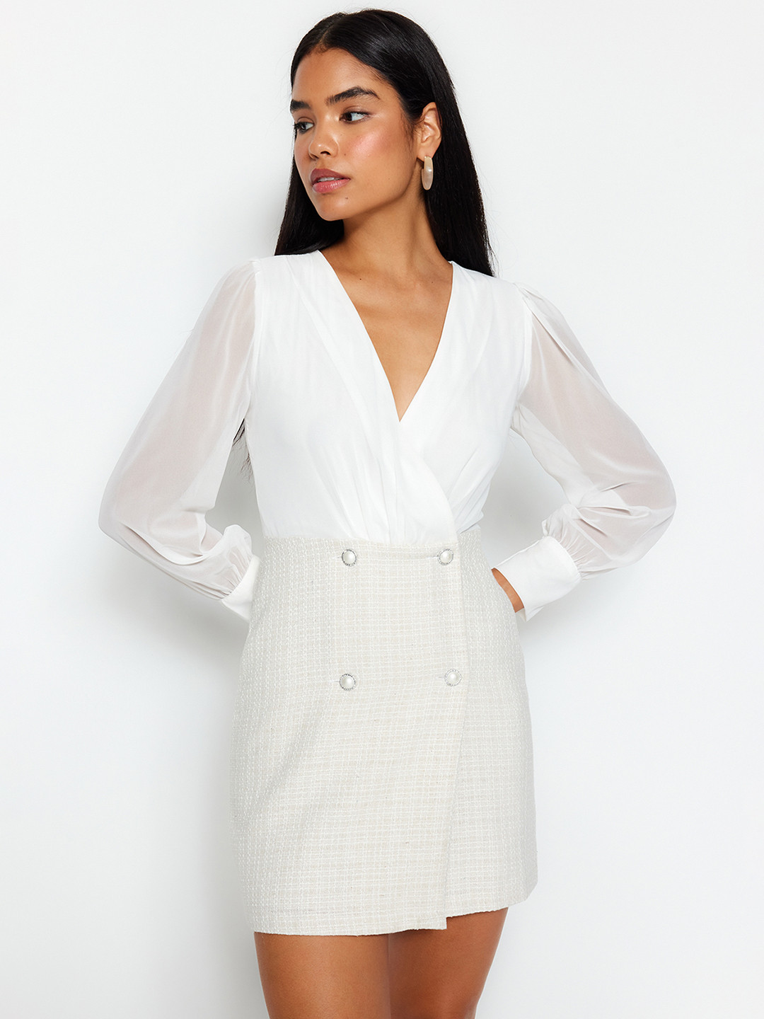 Trendyol Checked Cuffed Sleeves Wrap Mini Dress