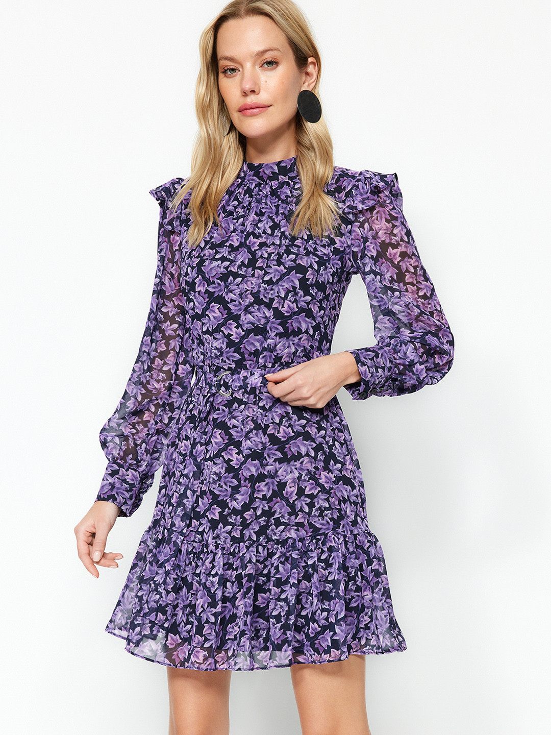 Trendyol Floral Print Long Sleeves Drop-Waist Dress