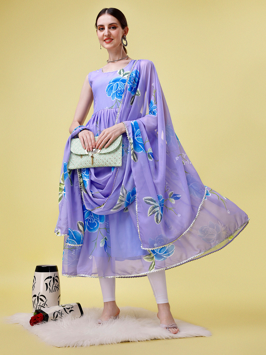 Kedar Fab Floral Printed Round Neck Flared Sleeve Georgette A-Line Midi Dress