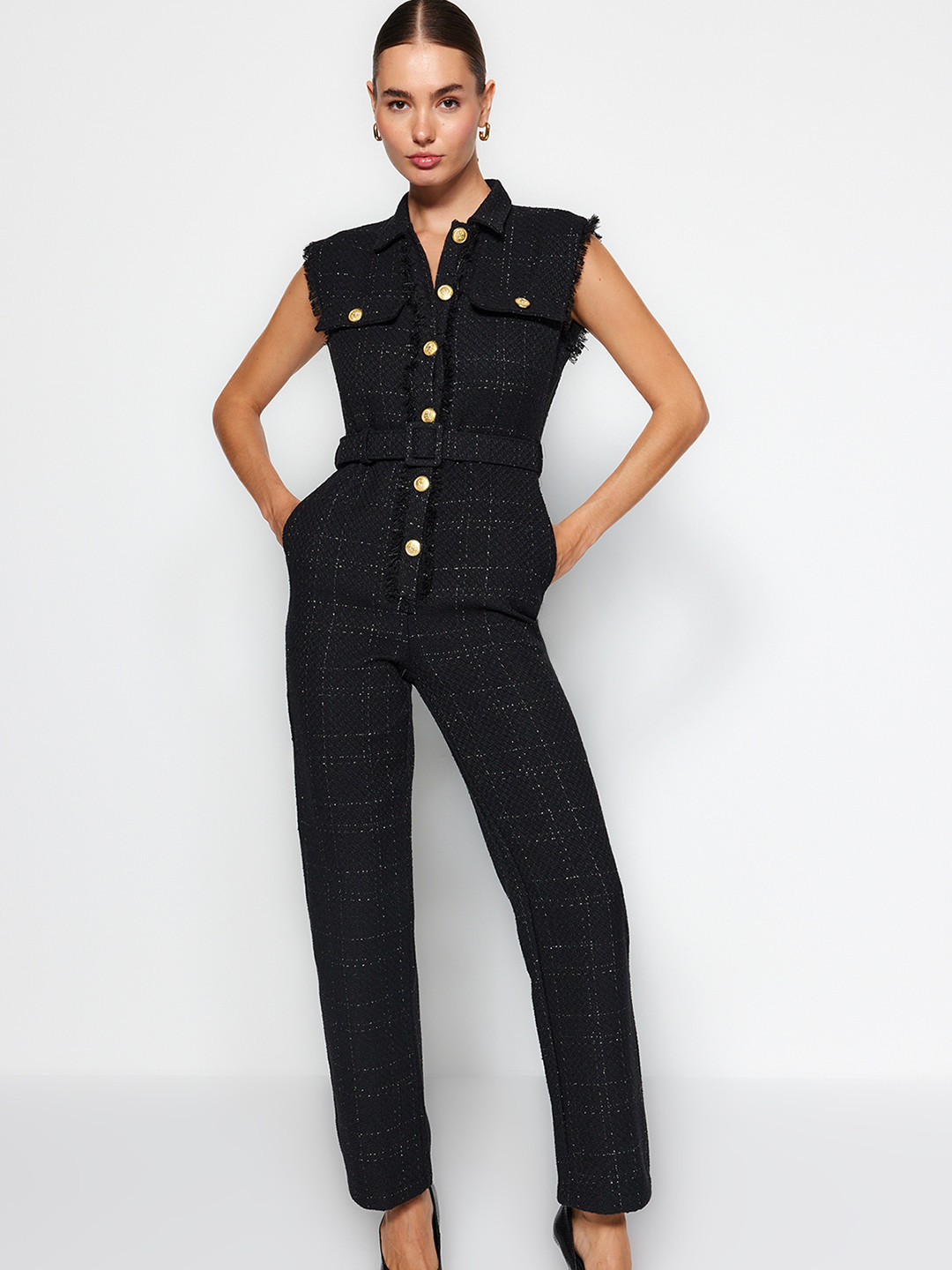 Trendyol Checked Shirt Collar Basic Jumpsuit