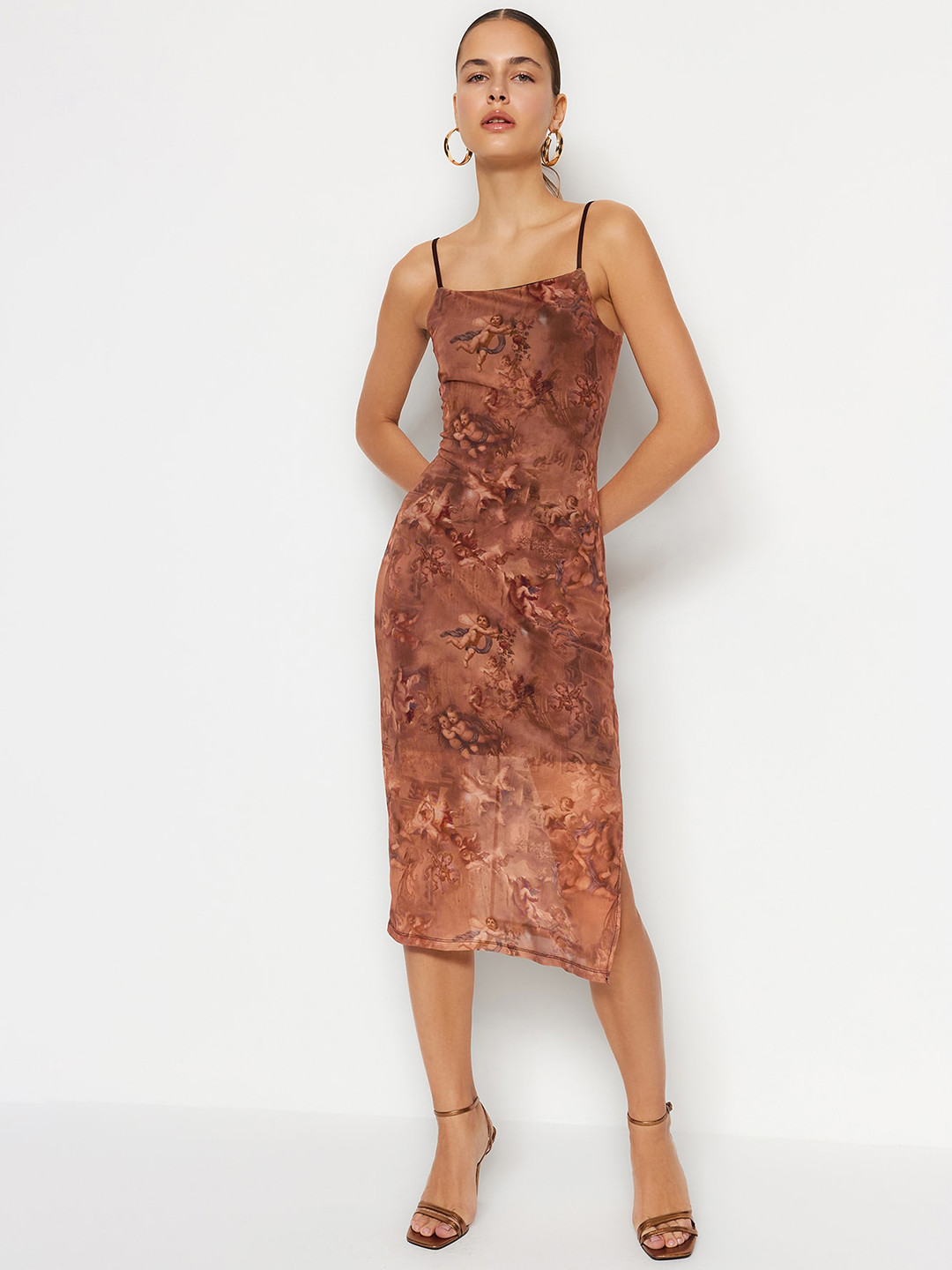 Trendyol Floral Printed Square Neck Sleeveless Sheath Midi Dress