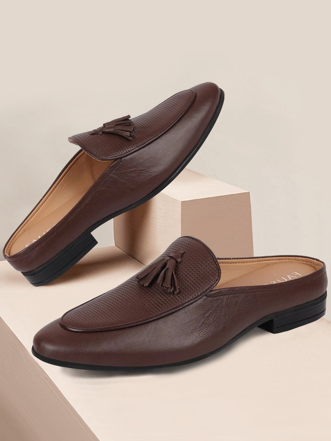 FAUSTO Men Textured Tassels Detail Lightweight Leather Mules