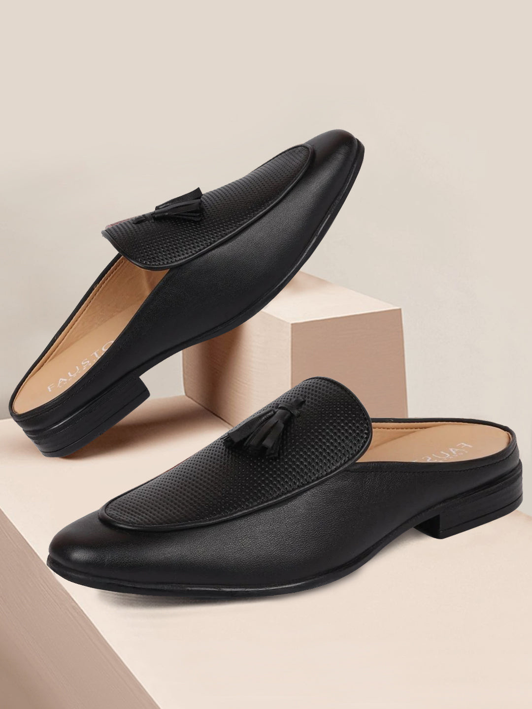 FAUSTO Men Textured Tassels Detail Lightweight Leather Mules