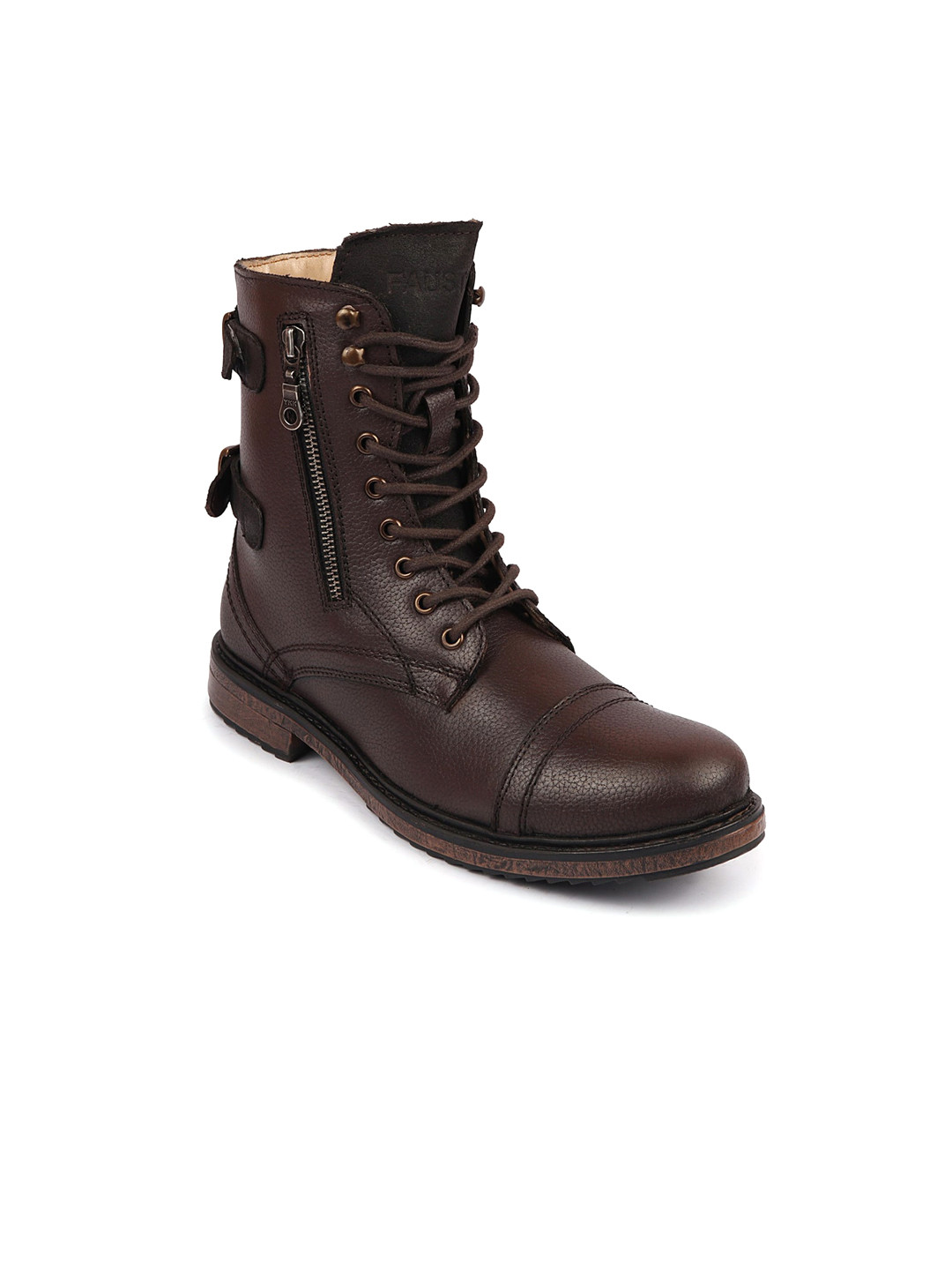 FAUSTO Men Textured High Top Buckle Detailed Leather Regular Boots