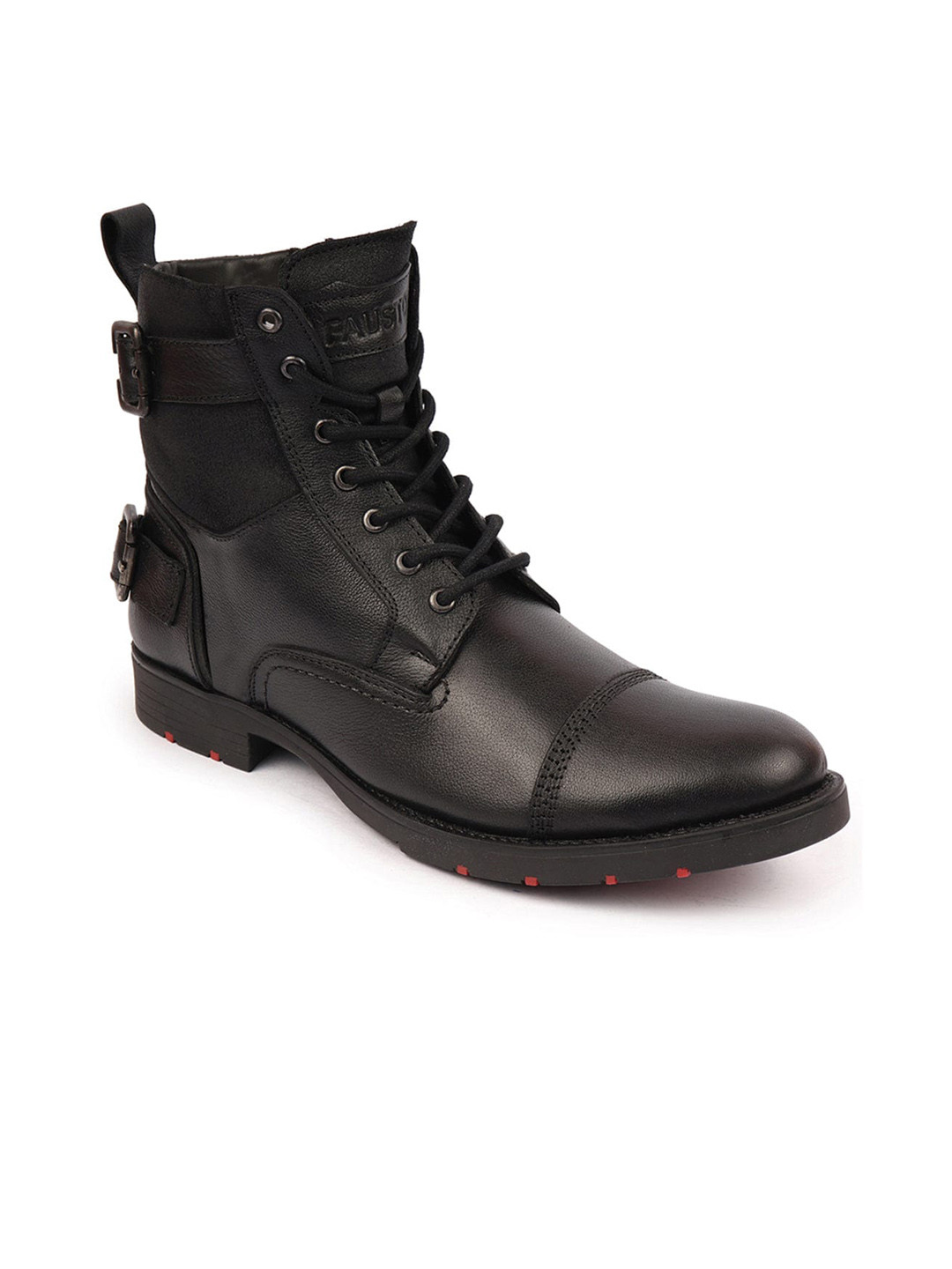 FAUSTO Men Textured High Top Buckle Detailed Leather Combat Boots