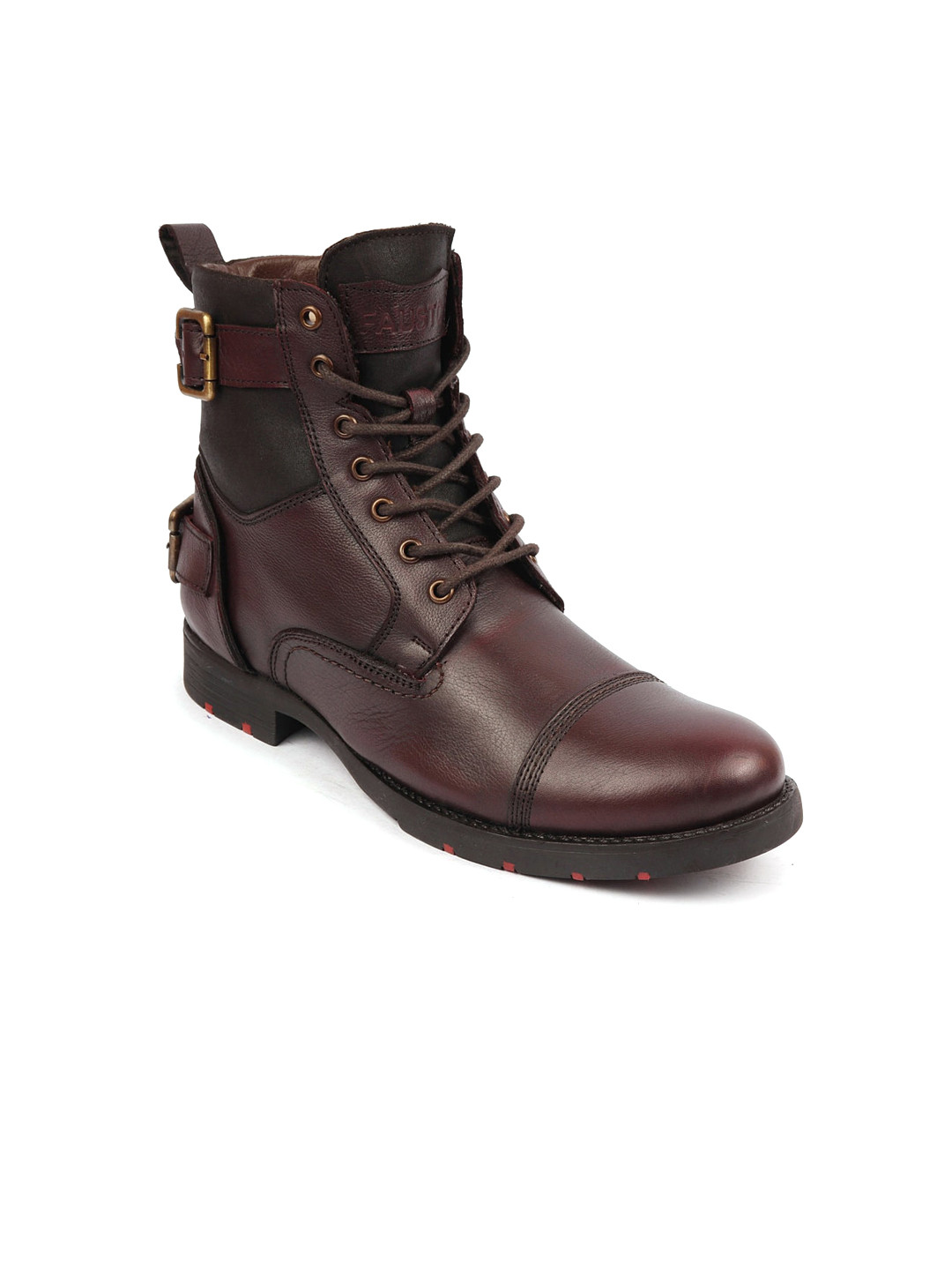 FAUSTO Men Textured High Top Buckle Detailed Leather Combat Boots