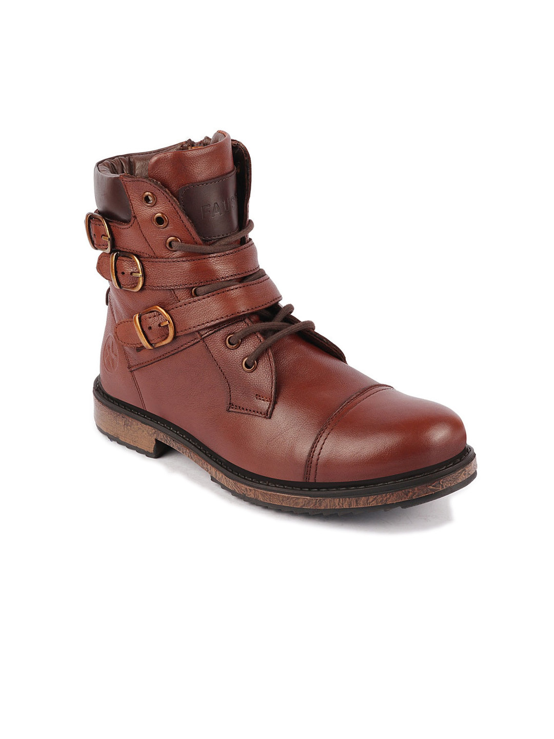 FAUSTO Men Leather Mid-Top Biker Boots