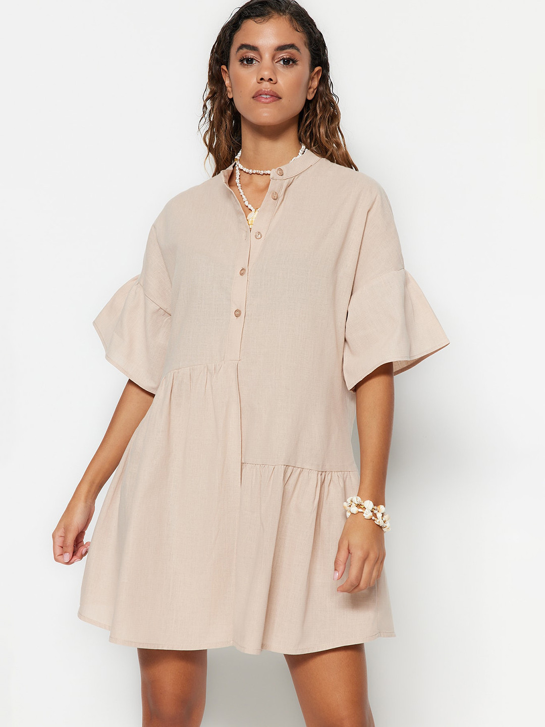 Trendyol Mandarin Collar Bell Sleeve Above Knee Cotton A-Line Dress