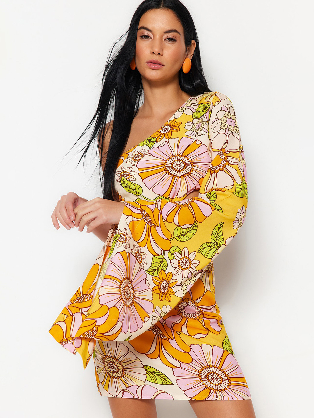 Trendyol Floral Printed One Shoulder Above Knee Fit & Flare Dress