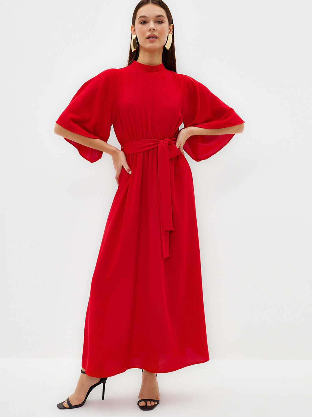 Trendyol Mock Neck Three-Quarter Flared Sleeve Maxi Dress