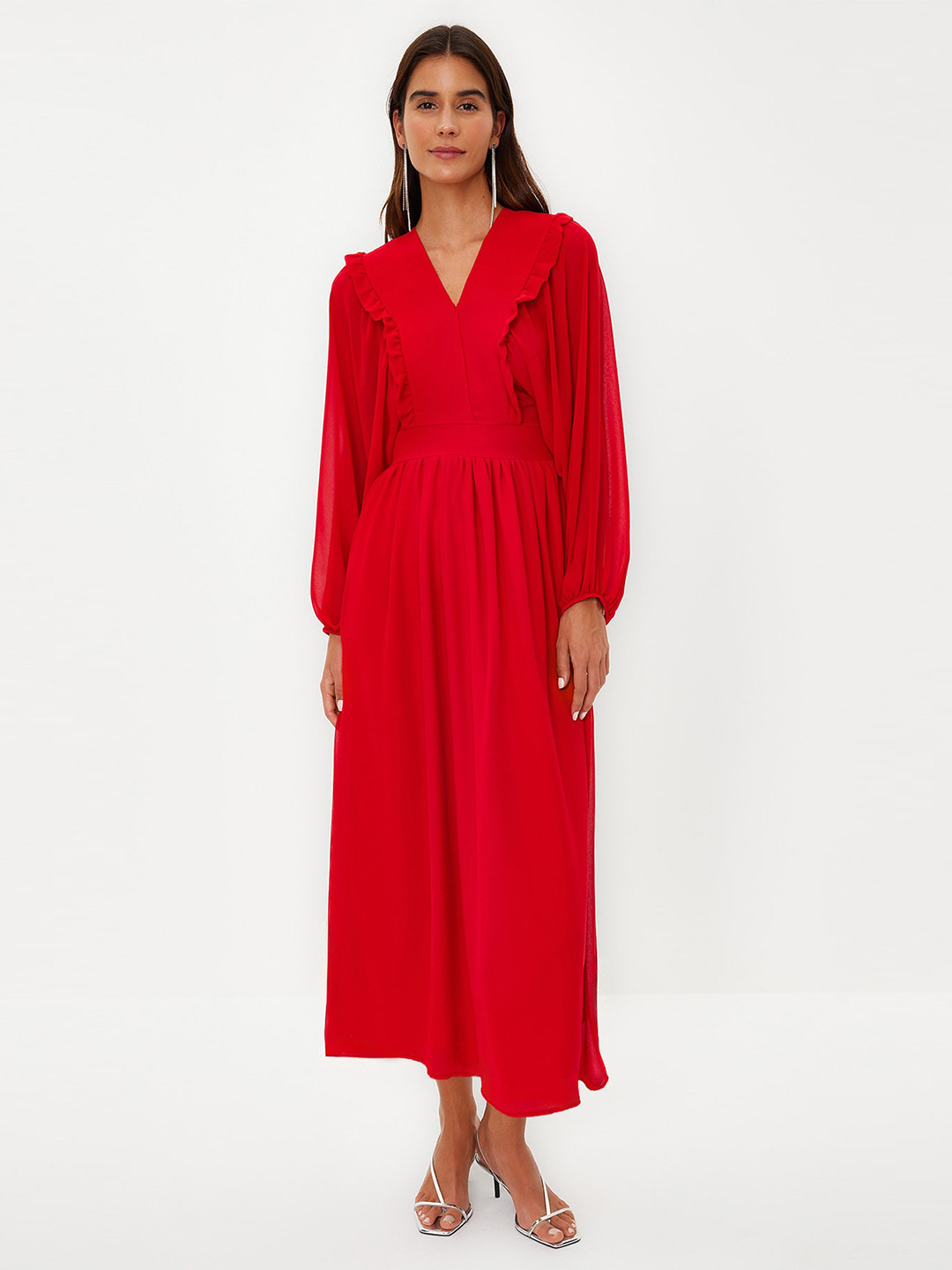 Trendyol V Neck Long Puff Sleeve Fit & Flare Maxi Dress
