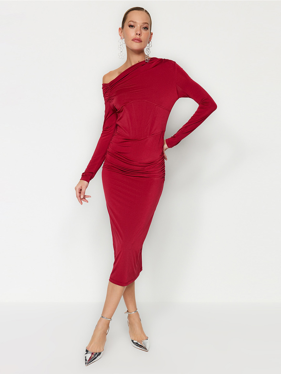 Trendyol One Shoulder Long Sleeves Bodycon Midi Dress