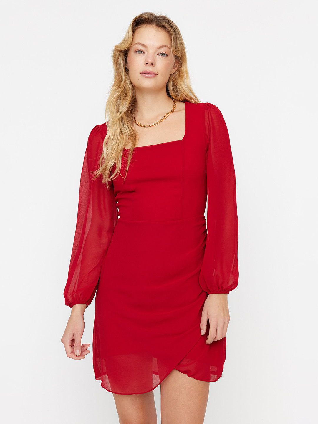 Trendyol Square Neck Long Puff Sleeve Sheath Mini Dress