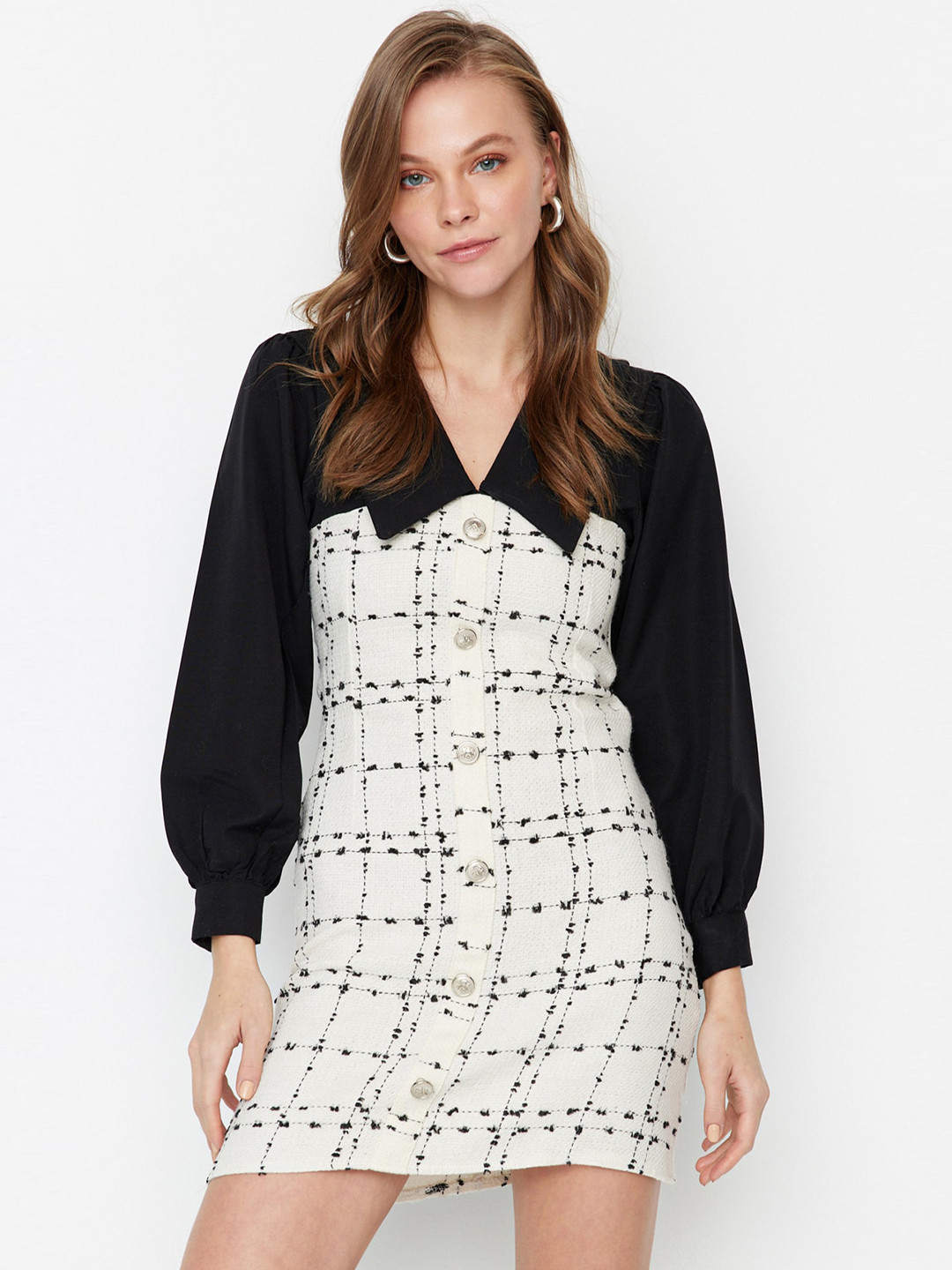 Trendyol Print A-Line Cuffed Sleeves Mini Dress