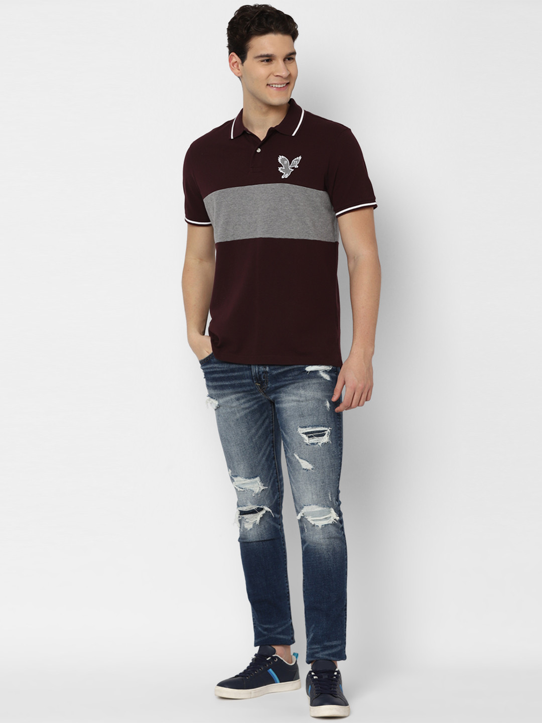 AMERICAN EAGLE OUTFITTERS Colourblocked Polo Collar Half Sleeves Applique Cotton T-shirt