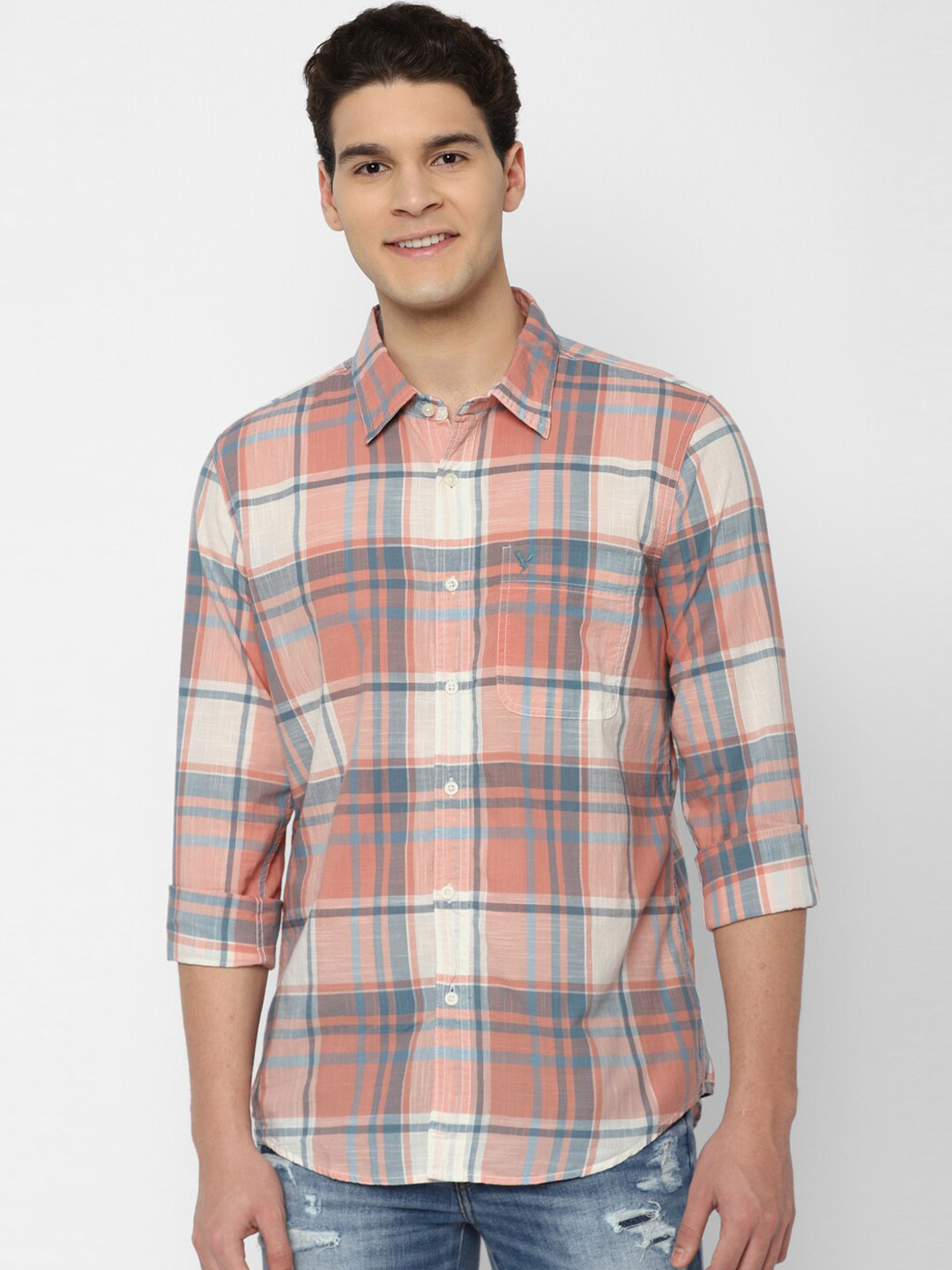 AMERICAN EAGLE OUTFITTERS Tartan Checks Spread Collar Chest Pocket Casual Shirt
