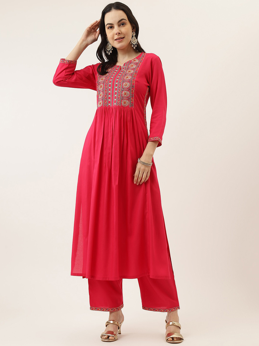 Mandvi Yoke Design Embroidered A-Line Kurta With Palazzos