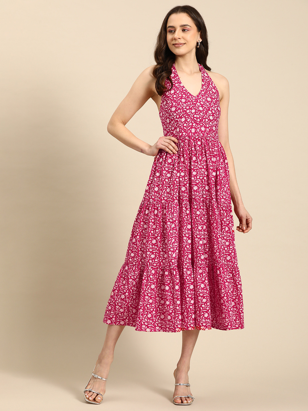 anayna Floral Print Halter Neck Fit & Flare Pure Cotton Midi Dress
