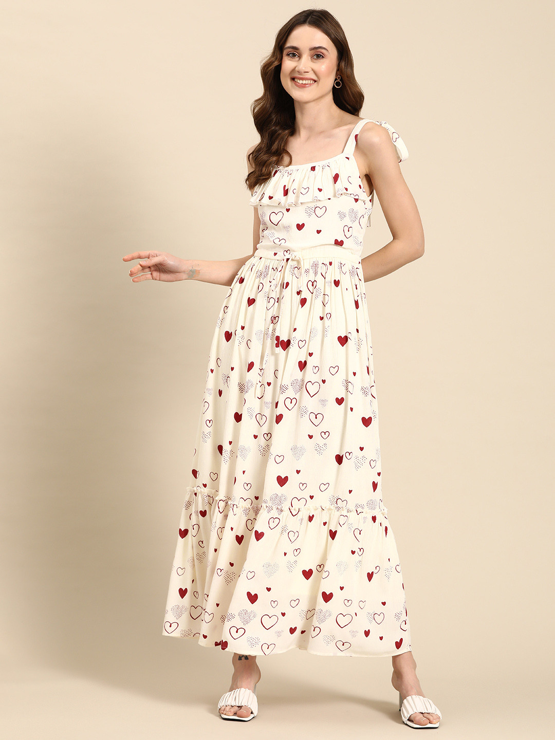 anayna Conversational Print Crepe A-Line Tiered Maxi Dress