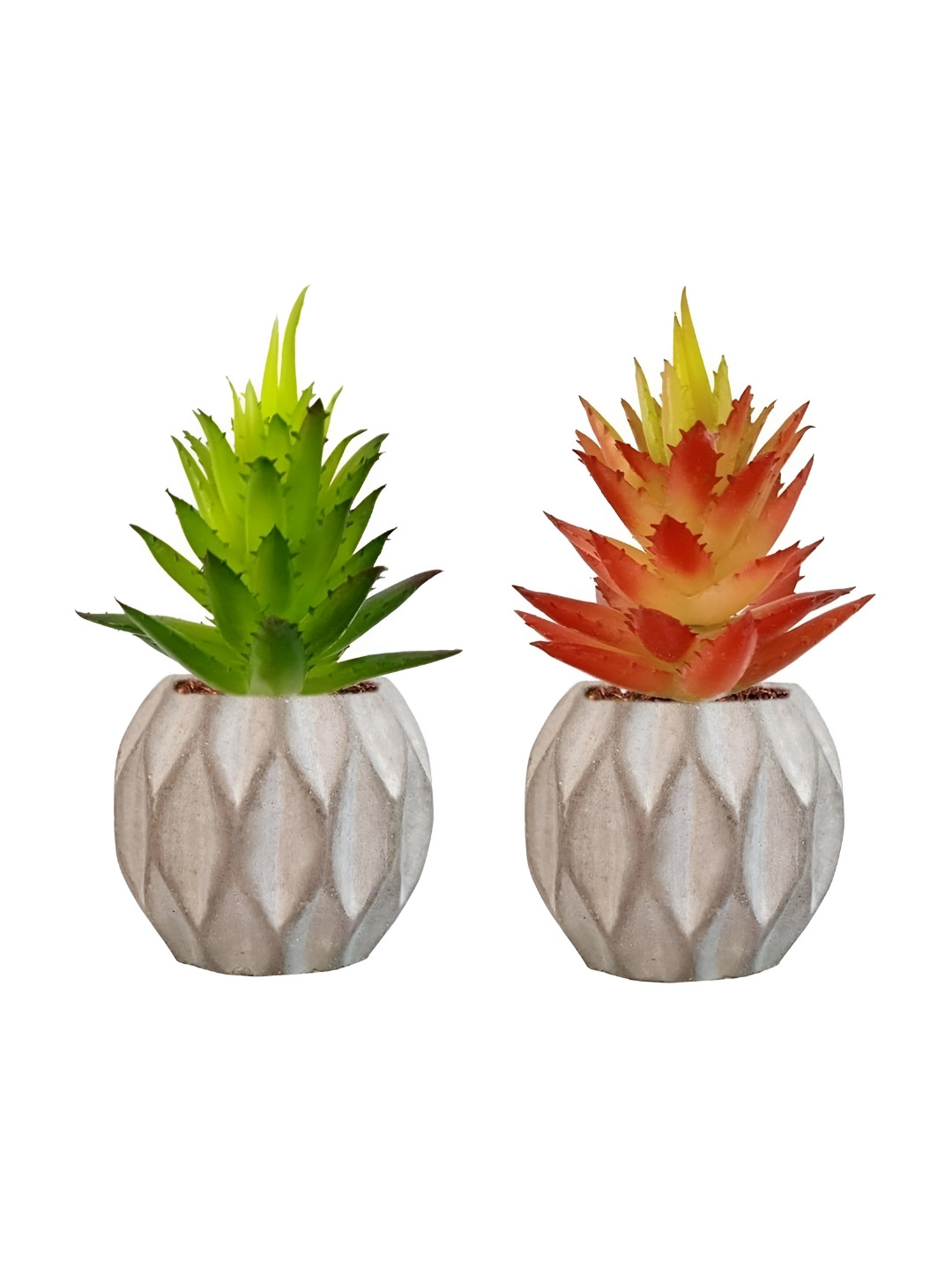 Garden Deco Off White & Brown 2 Pieces Textured Planters with Artificial Succulent Plant