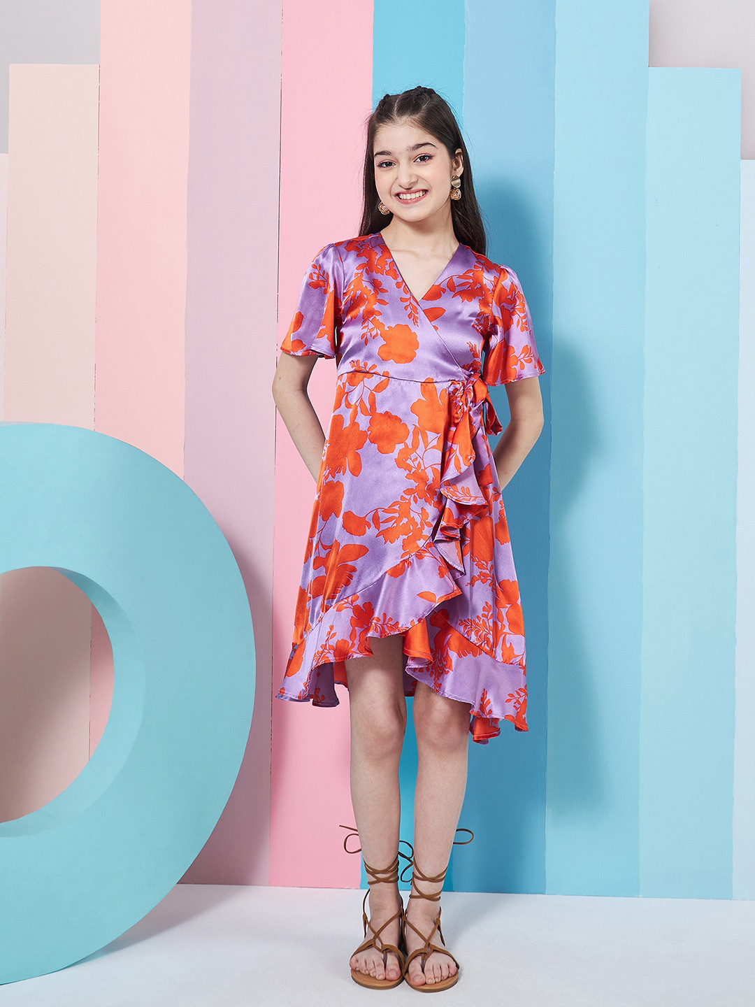 pspeaches Girls Floral Printed Flutter Sleeve Satin Wrap Dress