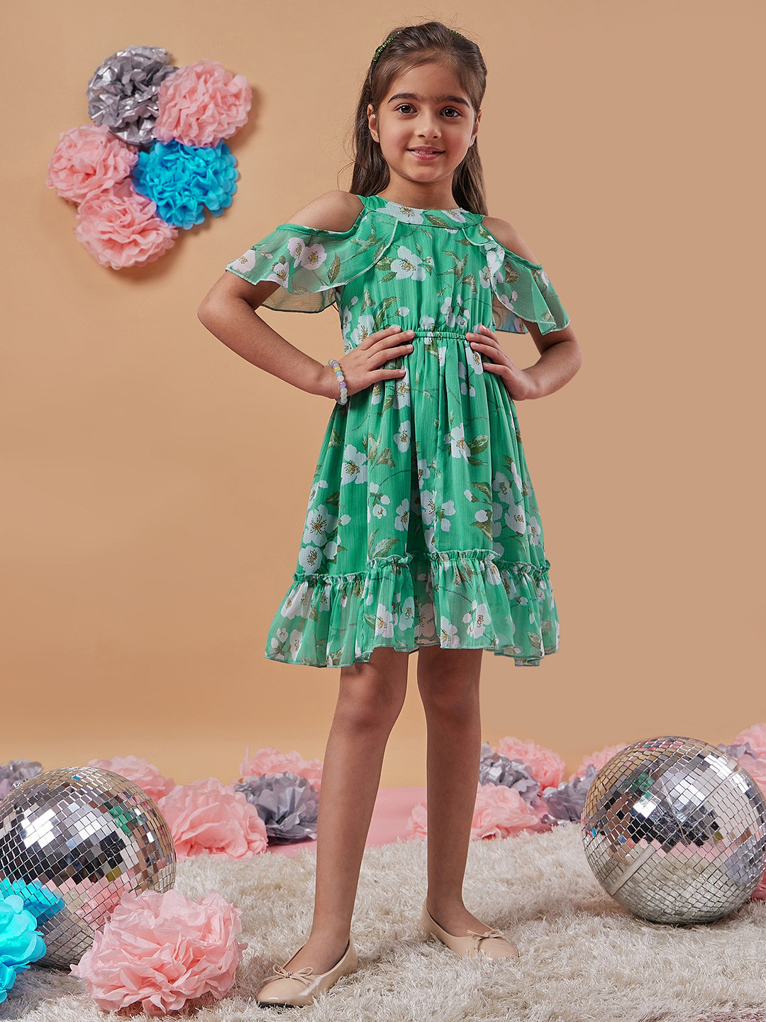 pspeaches Floral Printed Cold-Shoulder Sleeves Fit & Flare Dress