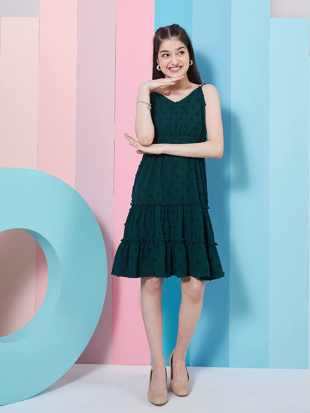 pspeaches Girls Self Design Shoulder Strap Georgette Fit & Flare Dress
