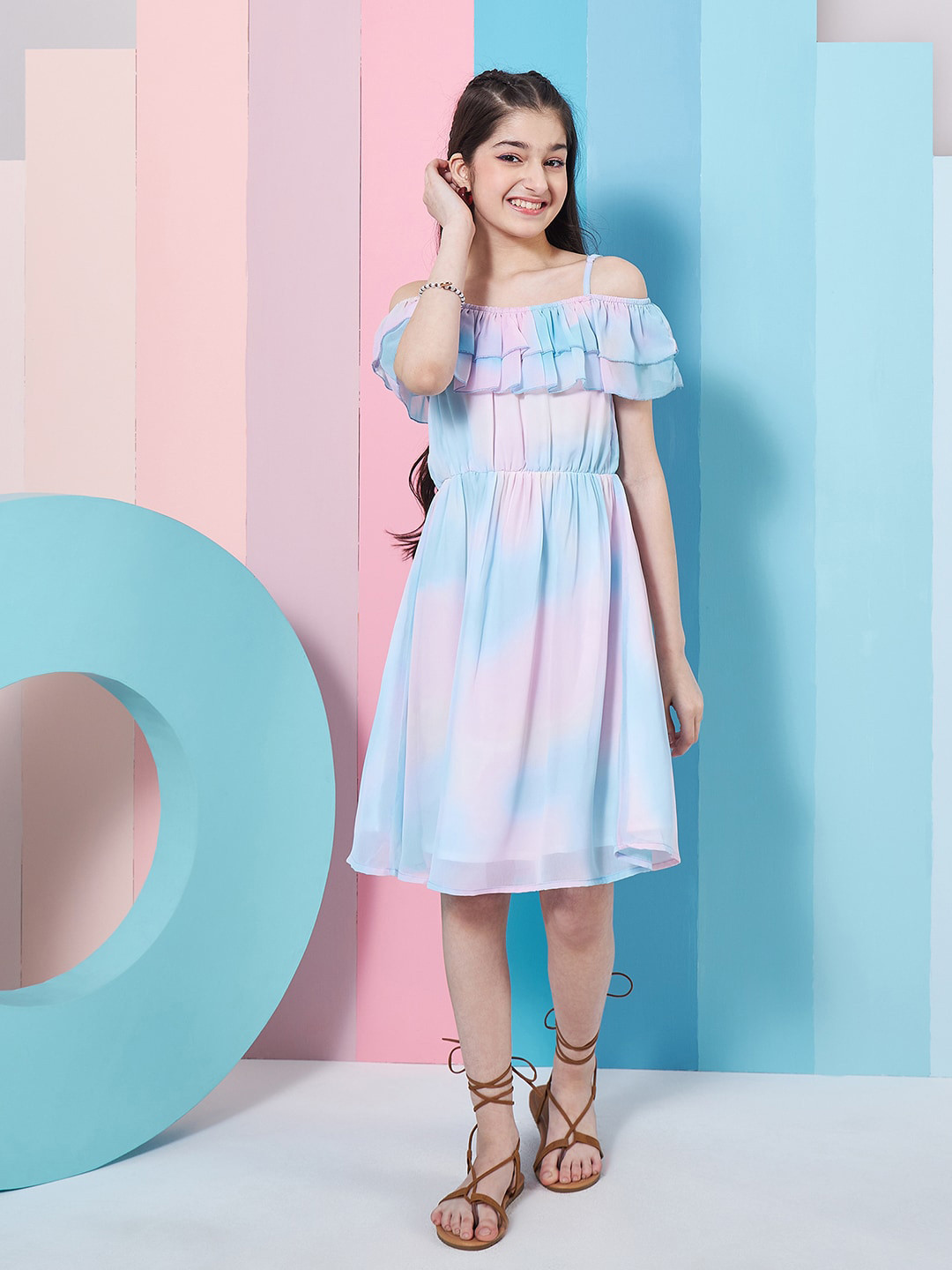 pspeaches Girls Tie & Dye Off-Shoulder Georgette Fit & Flare Dress