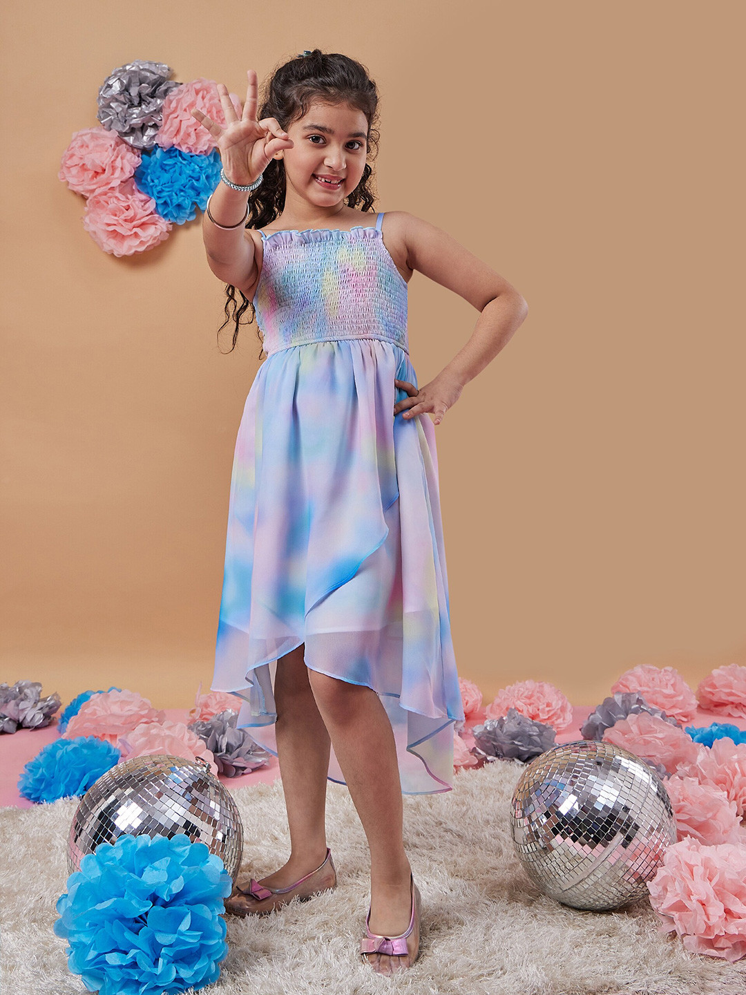 pspeaches Girls Tie & Dye Shoulder Strap Georgette Fit & Flare Midi Dress