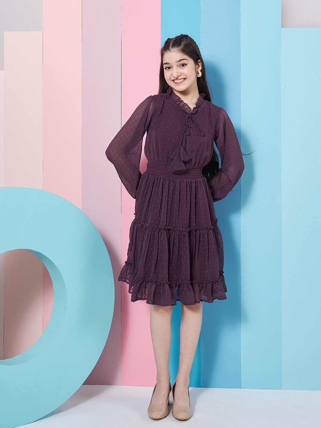 pspeaches Girls V-Neck Long Sleeves Chiffon Fit & Flare Dress
