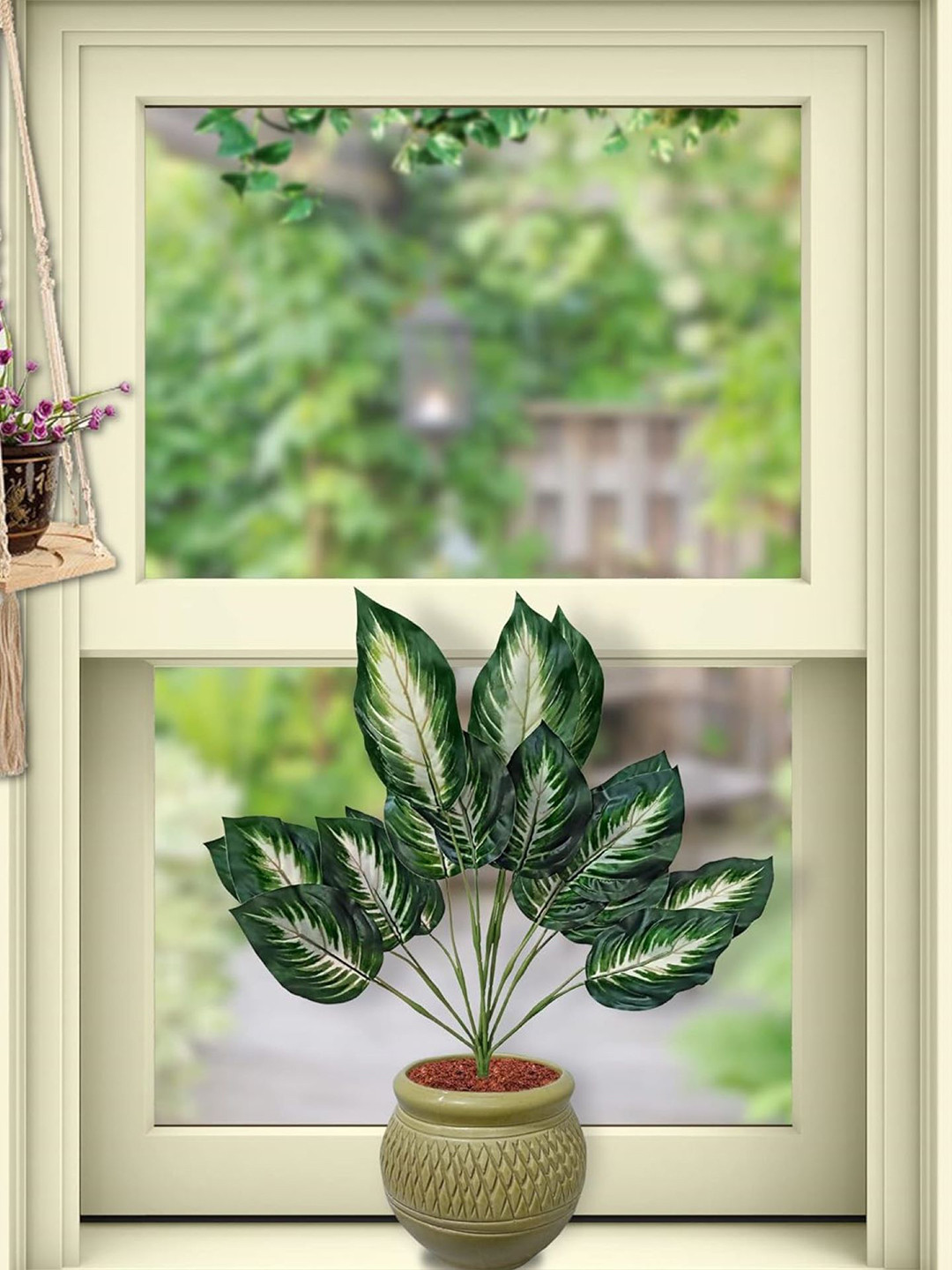 Garden Deco Green & Off White Dual Shade Big Leaf Artificial Plant